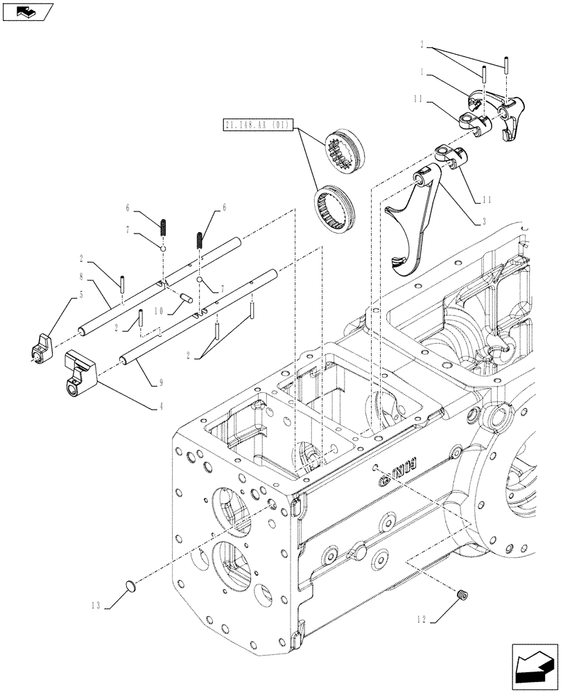 Схема запчастей Case IH FARMALL 115C - (21.148.AK[02]) - VAR - 744764 - TRANSMISSION, ROD & FORKS (POWER SHUTTLE) (21) - TRANSMISSION