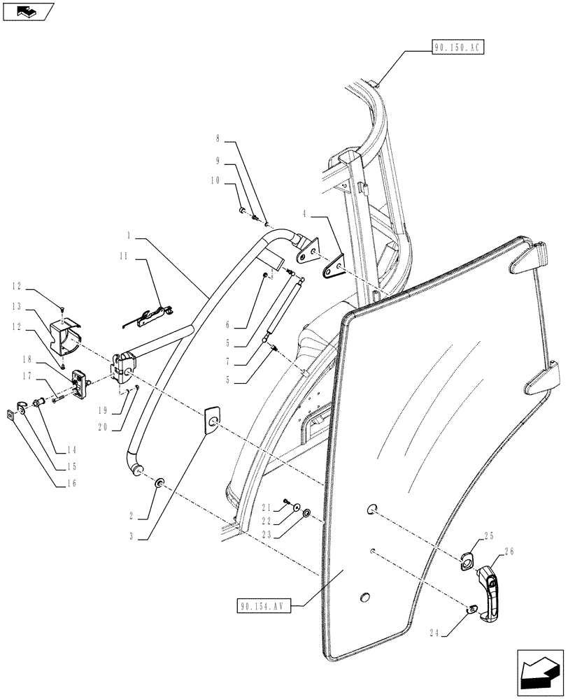 Схема запчастей Case IH FARMALL 115C - (90.154.AC[04]) - VAR - 331606, 334181, 334182, 334184, 334212, 339606 - CAB DOOR, HANDLE - ISO (90) - PLATFORM, CAB, BODYWORK AND DECALS