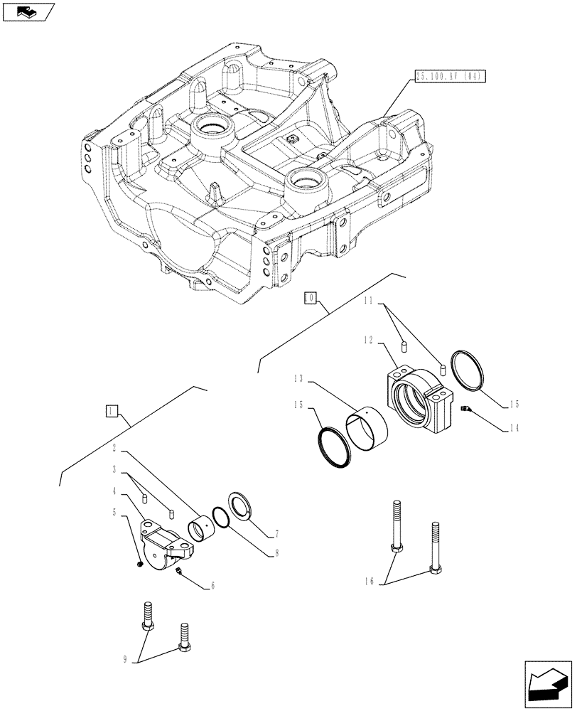 Схема запчастей Case IH FARMALL 95C - (25.100.AI[03]) - VAR - 332789, 334219 - FRONT AXLE, ARTICULATION, SUPPORT, 4WD (25) - FRONT AXLE SYSTEM