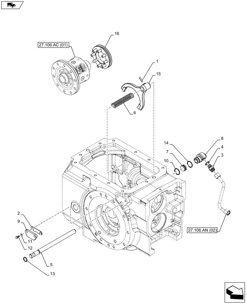 Схема запчастей Case IH FARMALL 115C - (27.106.AO[01]) - VAR - 743564 - HYDRAULIC DIFF. LOCK CONTROL, ROD & FORKS, SLEEVE (27) - REAR AXLE SYSTEM