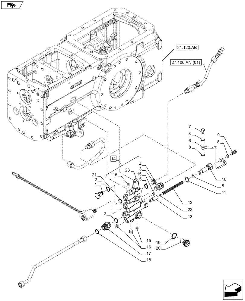 Схема запчастей Case IH FARMALL 115C - (23.202.AJ[01]) - VAR - 390381 - DIFFERENTIAL LOCK, MECHANICAL, VALVE (4WD - SHUTTLE), W/O CAB (23) - FOUR WHEEL DRIVE SYSTEM