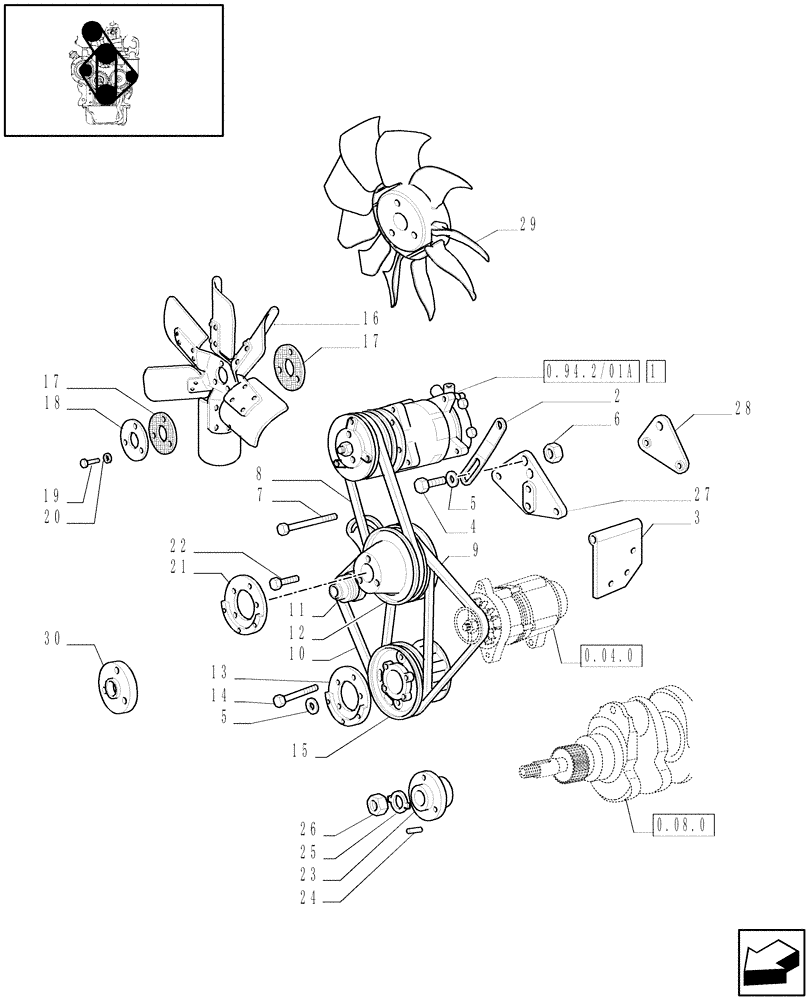 Схема запчастей Case IH JX90 - (0.34.7/02[01]) - (VAR.641-958) AIR CONDITIONING - FAN AND BELTS (01) - ENGINE