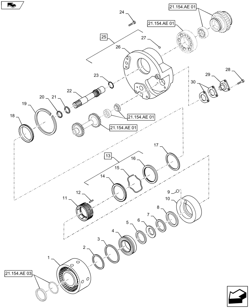 Схема запчастей Case IH MAXXUM 140 - (21.154.AE[04]) - TRANSMISSION 24X24 (40 KM/H) HI-LO - CLUTCHES (21) - TRANSMISSION