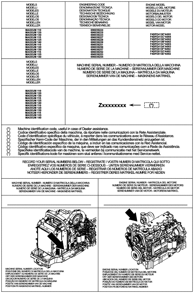 Схема запчастей Case IH MAXXUM 110 - (00.100.01) - IDENTIFICATION AND VERSION LIST (00) - GENERAL & PICTORIAL INDEX