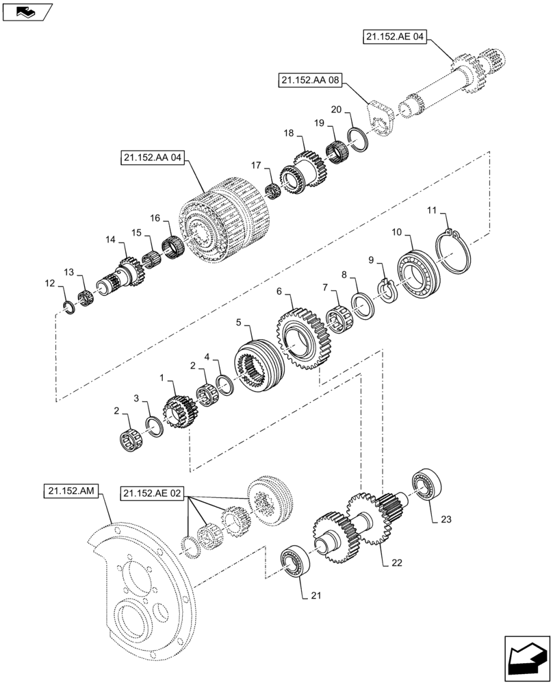 Схема запчастей Case IH MAXXUM 140 - (21.152.AE[03]) - STD + VAR - 330247, 743766, 330291, 743764 - TRANSMISSION 16X16 AND 17X16 (40 KM/H), SPS - GEARSHIFTS GEARS (21) - TRANSMISSION