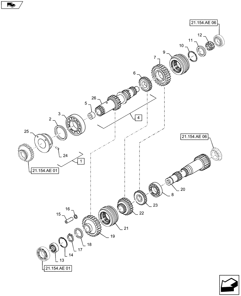 Схема запчастей Case IH MAXXUM 140 - (21.154.AE[05]) - TRANSMISSION 24X24 (40 KM/H) HI-LO - GEARSHIFTS GEARS (21) - TRANSMISSION