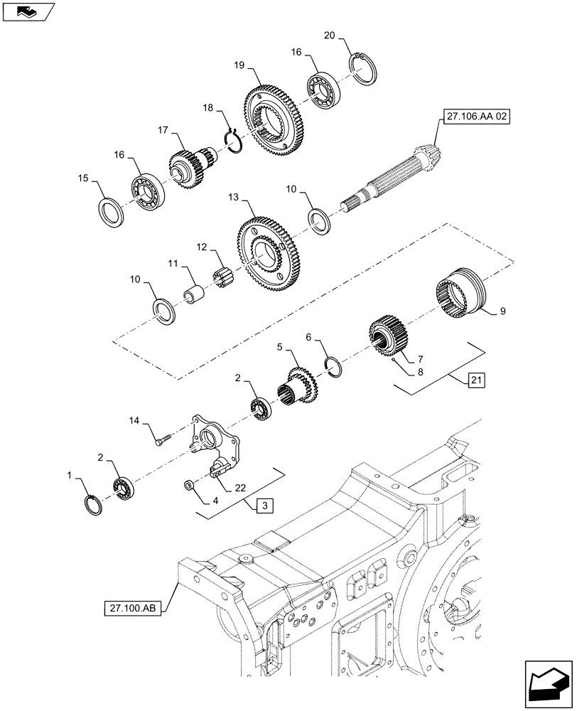Схема запчастей Case IH MAXXUM 140 - (21.160.AL) - VAR - 331330, 332330, 743736 - CREEPER FOR TRANSMISSION 16X16 AND 24X24 - GEARS AND SUPPORT (21) - TRANSMISSION