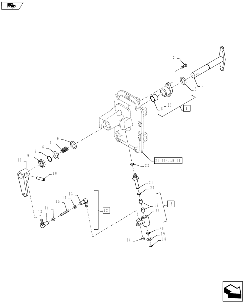 Схема запчастей Case IH MAXXUM 140 - (21.134.AD[02]) - TRANSMISSION 24X24 (40 KM/H) HI-LO - RANGE GEARSHIFT MECHANISM - LEVERS AND TIE-ROD (21) - TRANSMISSION