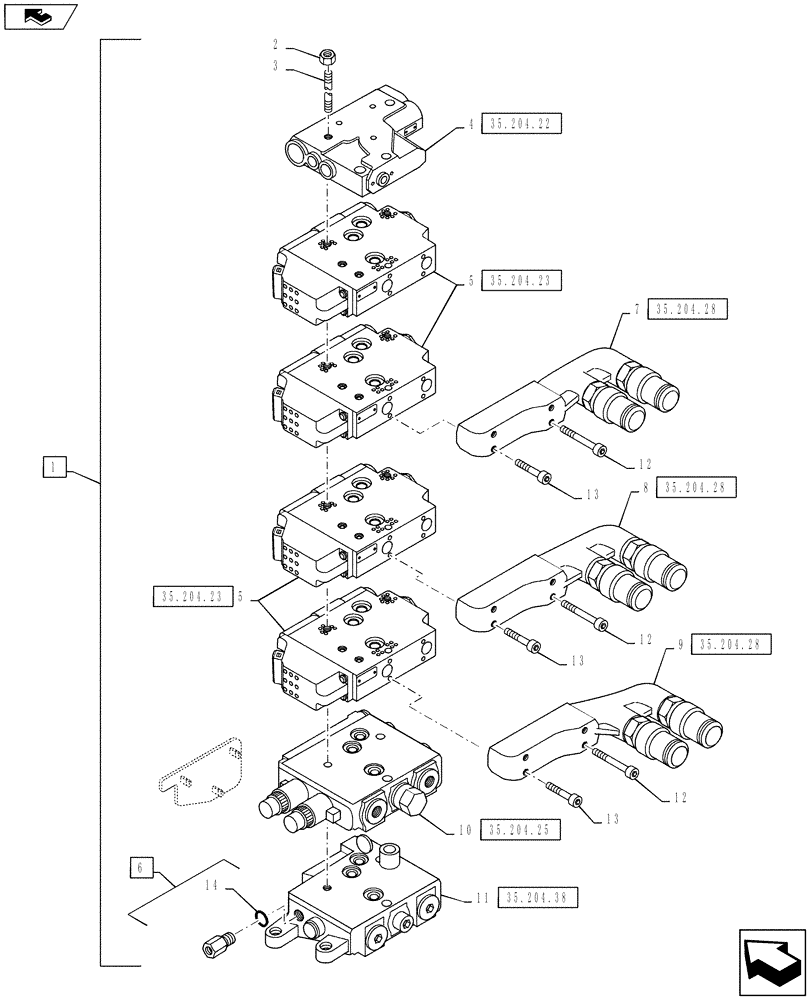 Схема запчастей Case IH PUMA 130 - (35.204.10[02]) - VAR - 743733, 330862, 338851 - EHR CONTROL VALVE - VALVE SECTIONS & QUICK COUPLERS - 4 VALVE (35) - HYDRAULIC SYSTEMS