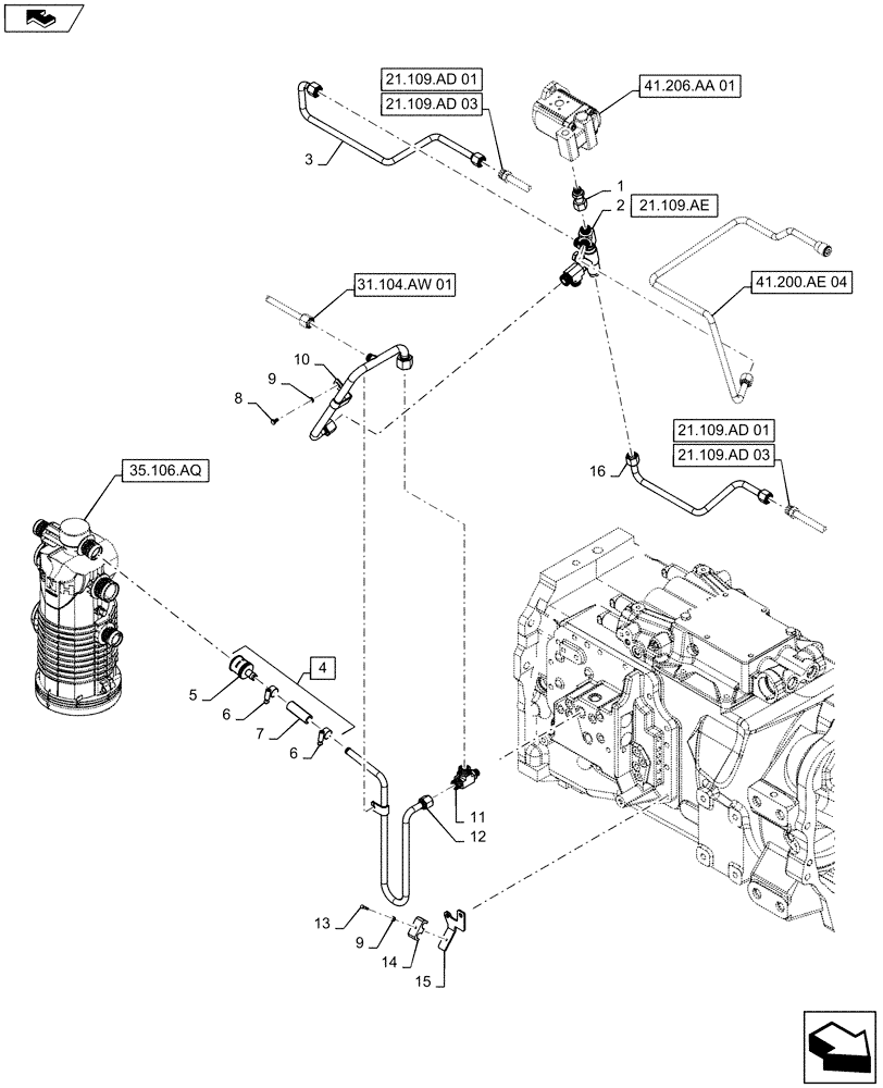 Схема запчастей Case IH MAXXUM 140 - (21.109.AC[02]) - STD + VAR 331145, 331146 - HYDRAULIC PUMP 113 L/MIN CCLS - OIL COOLER LINES FOR CL. 4 FRONT AXLE (21) - TRANSMISSION