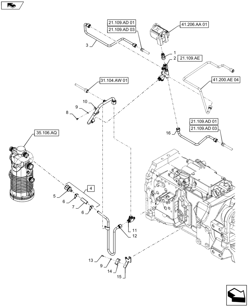Схема запчастей Case IH MAXXUM 140 - (21.109.AC[02]) - VAR - 336835, 338835, 743744 - HYDRAULIC PUMP 113 L/MIN CCLS - OIL COOLER LINES FOR CL. 4 FRONT AXLE (21) - TRANSMISSION