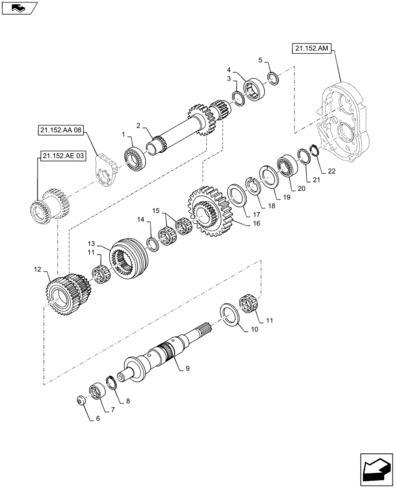 Схема запчастей Case IH MAXXUM 140 - (21.152.AE[04]) - STD + VAR - 330247, 743766, 330291, 743764, 335245, 743673 - TRANSMISSION 16X16 AND 17X16 (40 KM/H), SPS - REDUCTION GEAR (21) - TRANSMISSION