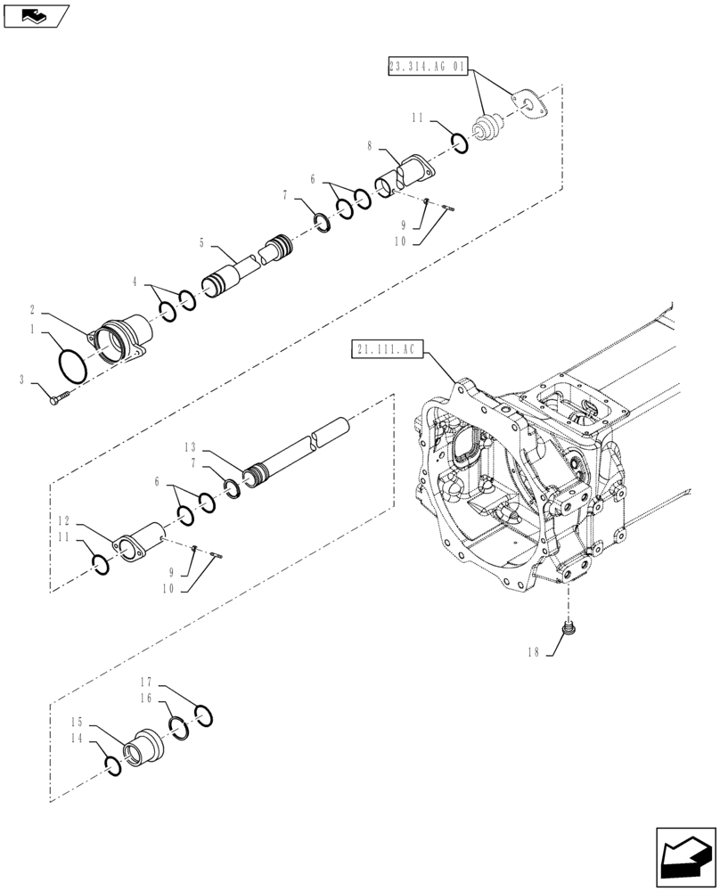Схема запчастей Case IH MAXXUM 115 - (23.314.AG[03]) - VAR - 330448, 336449, 743678 - WATERPROOFING FOR FIXED FRONT AXLE - SLEEVE, SHIELD & FLANGE (23) - FOUR WHEEL DRIVE SYSTEM