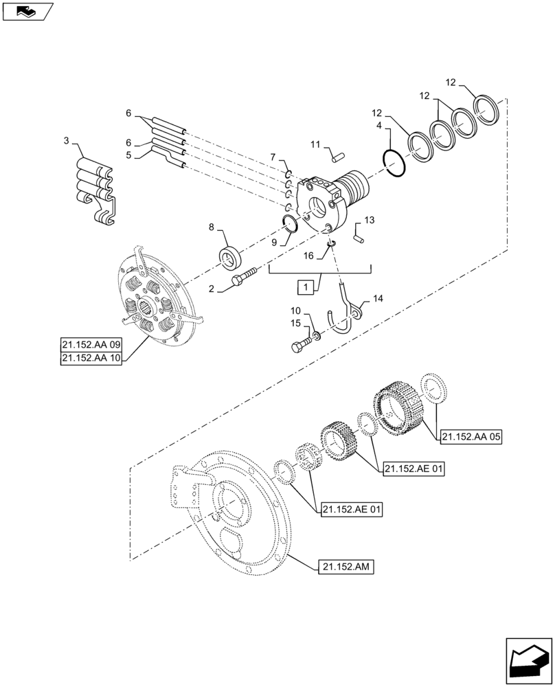 Схема запчастей Case IH MAXXUM 140 - (21.152.AA[03]) - TRANSMISSION 16X16 AND 17X16 (40 KM/H), SPS - SPEED ENG. FRONT CLUTCH - OIL SUPPLY (21) - TRANSMISSION