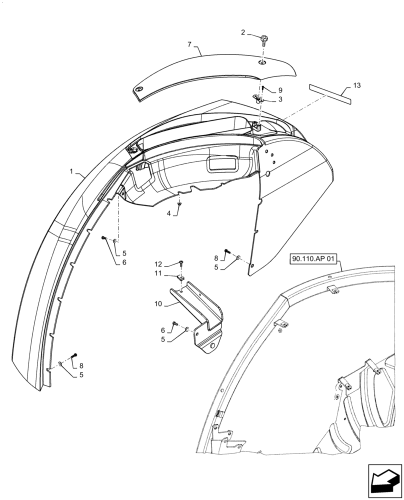 Схема запчастей Case IH FARMALL 115C - (90.116.AC[03]) - VAR - 743599, 744599 - REAR FENDER, W/O CAB (90) - PLATFORM, CAB, BODYWORK AND DECALS