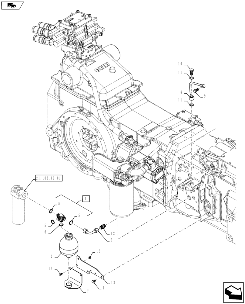 Схема запчастей Case IH MAXXUM 140 - (21.103.AA[02]) - HYDRAULIC PUMP 80 L/MIN FD FOR SPS - LOW PRESSURE PIPES AND ACCUMULATOR (21) - TRANSMISSION