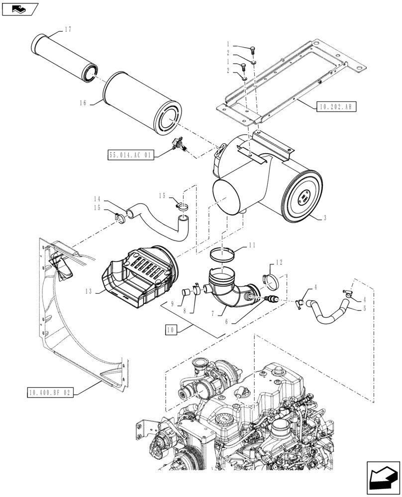 Схема запчастей Case IH MAXXUM 120 - (10.202.AB[03]) - VAR - 330189, 332189, 743763 - AIR FILTER WITH PRECLEANER "SPIN TUBE" - AIR CLEANER & INTAKE PARTS (10) - ENGINE