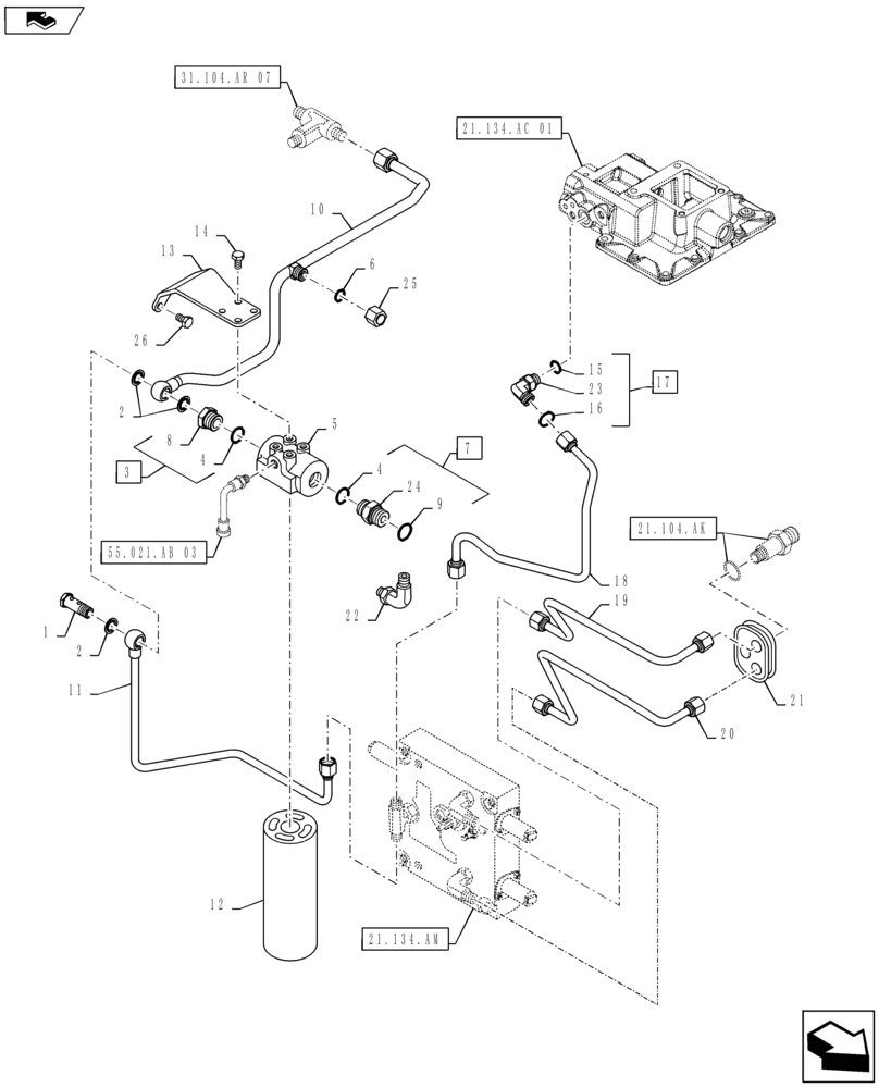 Схема запчастей Case IH MAXXUM 140 - (21.104.AD) - TRANSMISSION 24X24 (40 KM/H) HI-LO - LOW PRESSURE PIPES AND FILTER (21) - TRANSMISSION