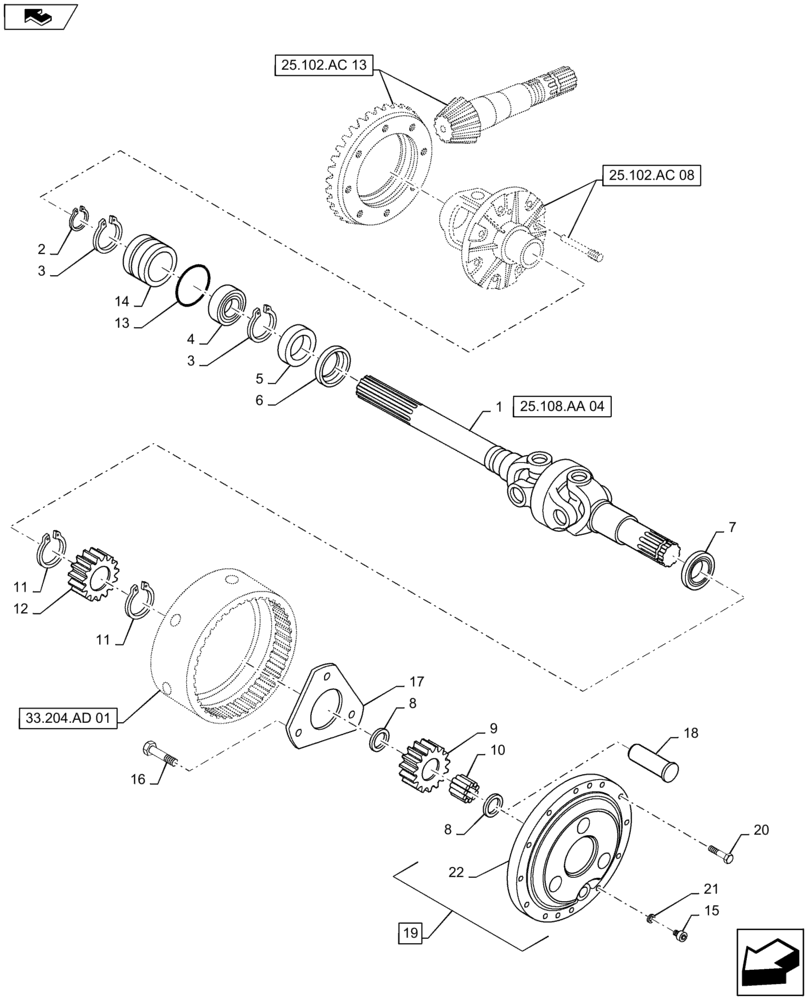 Схема запчастей Case IH MAXXUM 110 - (25.108.AB[04]) - VAR - 330427 - CL.3 FRONT AXLE W/ BRAKES - GEARS AND DIFFERENTIAL AXLE (25) - FRONT AXLE SYSTEM