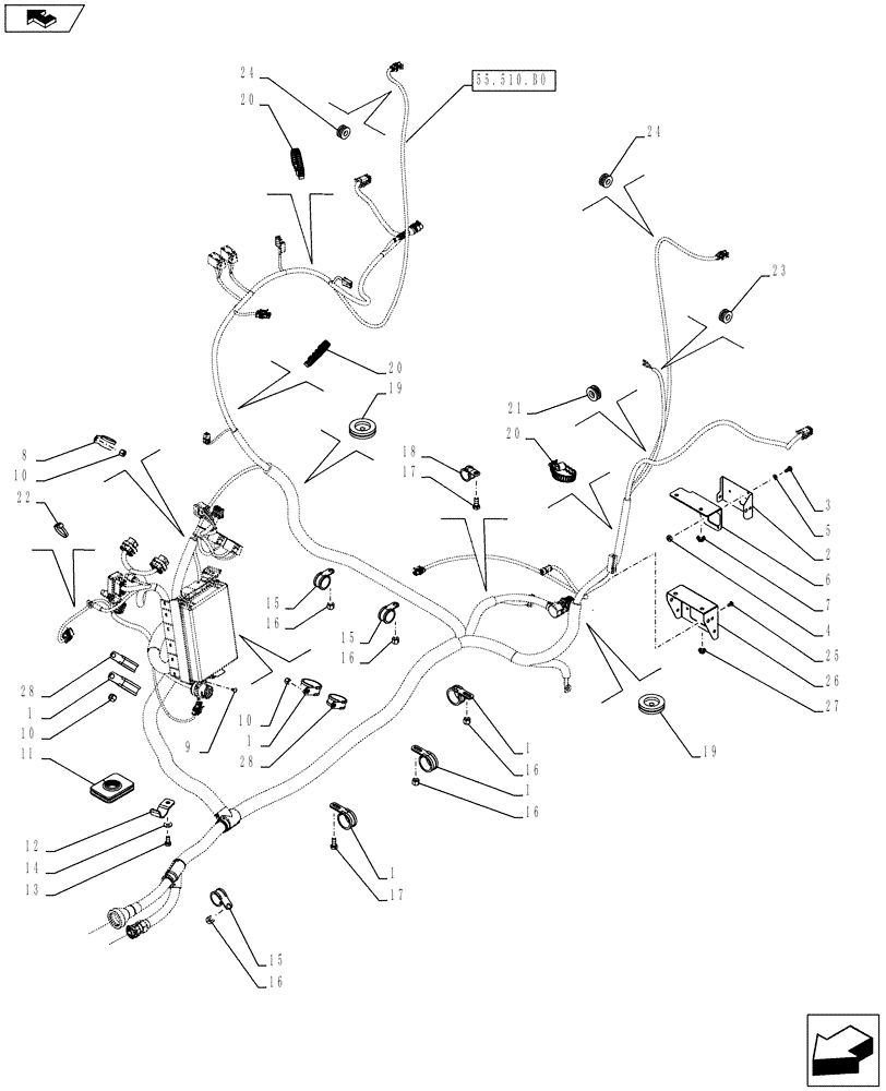 Схема запчастей Case IH FARMALL 115C - (55.510.BO[05]) - VAR - 390754, 334435, 334436, 335754 - PLATFORM MAIN WIRE HARNESS, BRACKET, CABLE CLIP (55) - ELECTRICAL SYSTEMS