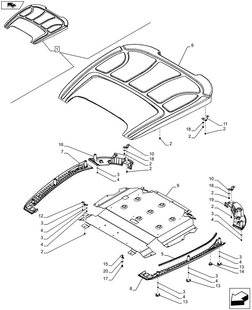 Схема запчастей Case IH FARMALL 115C - (90.150.BG[02]) - VAR - 391606, 744588, 743573 - CAB ROOF - NA - END YR 09-OCT-2012 (90) - PLATFORM, CAB, BODYWORK AND DECALS