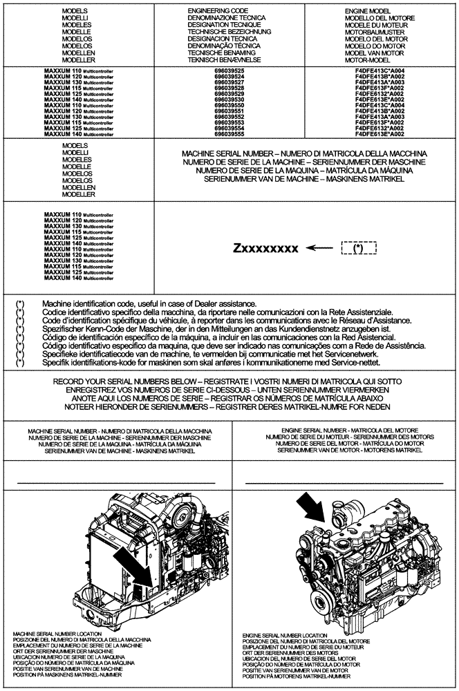 Схема запчастей Case IH MAXXUM 140 - (00.100.01) - IDENTIFICATION AND VERSION LIST (00) - GENERAL & PICTORIAL INDEX