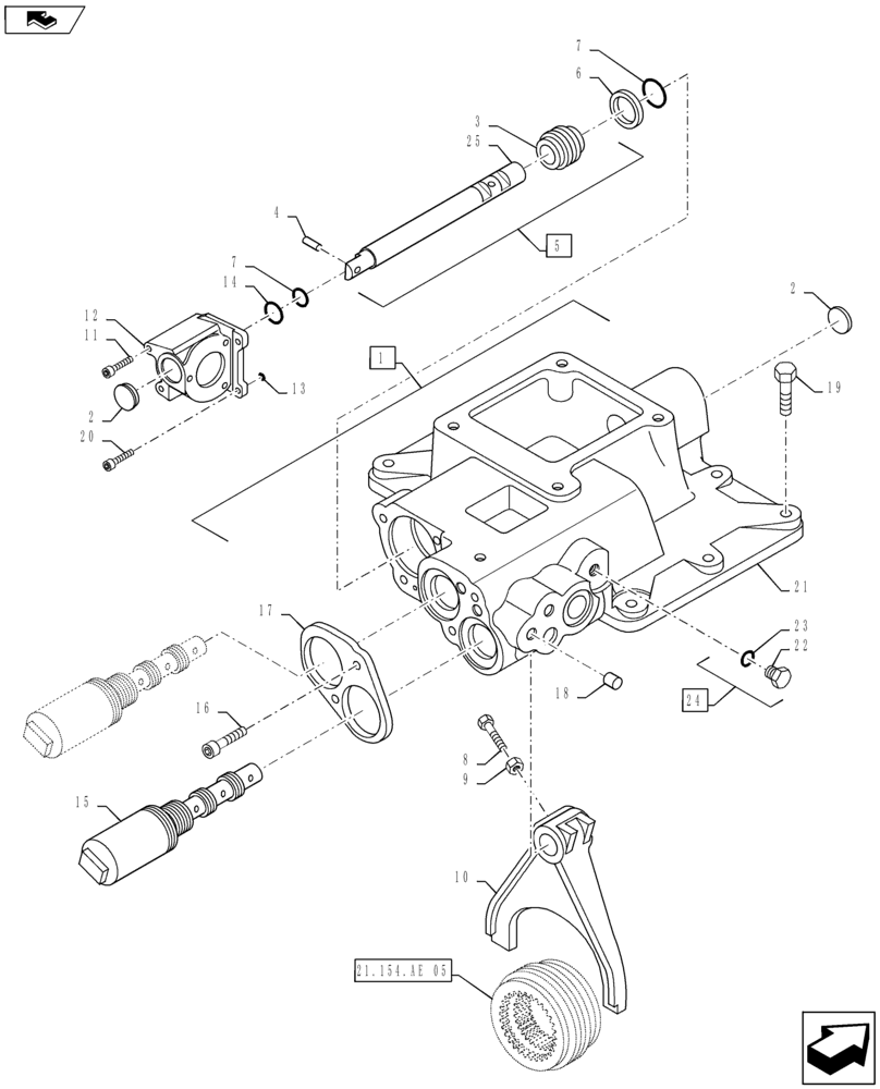 Схема запчастей Case IH MAXXUM 140 - (21.134.AC[01]) - TRANSMISSION 24X24 (40 KM/H) HI-LO - COVER FOR REVERSER – FORK AND VALVES (21) - TRANSMISSION