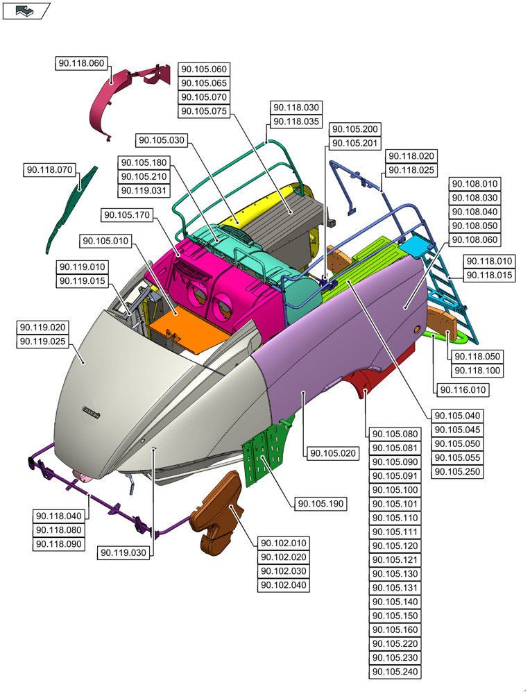 Схема запчастей Case IH LB434R XL - (90.000.00) - SECTION INDEX - PLATFORM, CAB, BODYWORK AND DECALS (90) - PLATFORM, CAB, BODYWORK AND DECALS