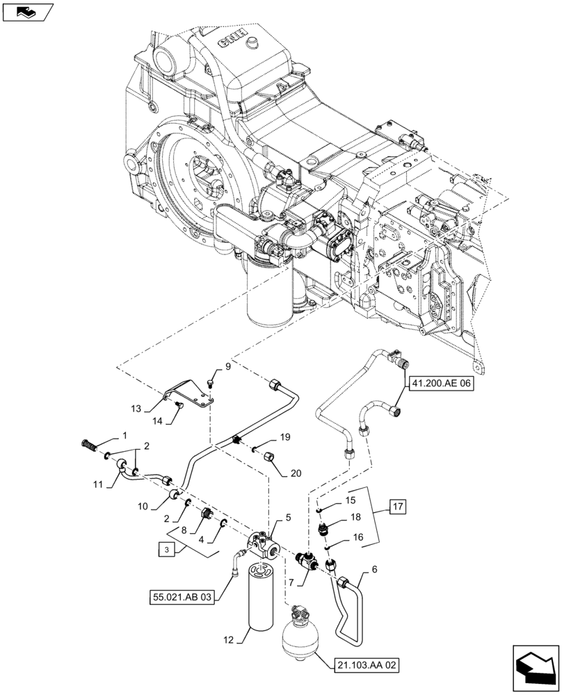 Схема запчастей Case IH MAXXUM 140 - (21.103.AJ[01]) - HYDRAULIC PUMP 80 L/MIN FD FOR SPS - LOW PRESSURE PIPES AND FILTER (21) - TRANSMISSION