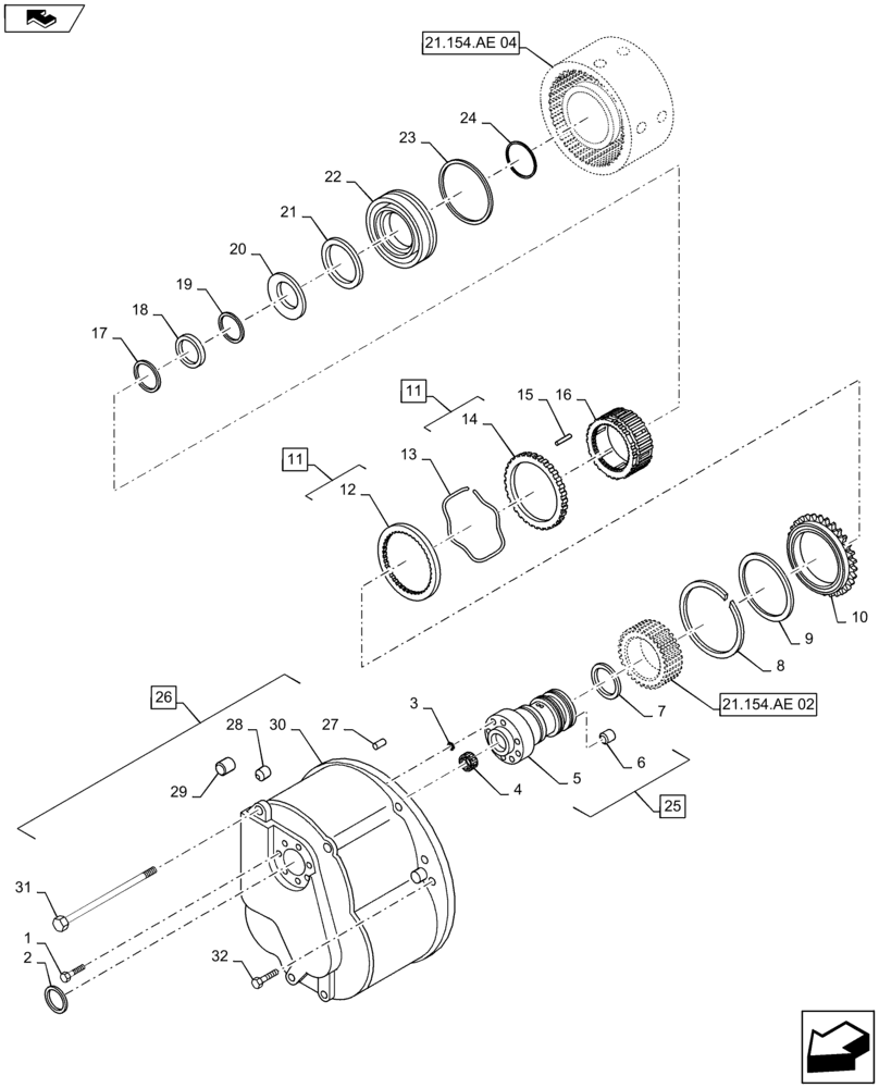 Схема запчастей Case IH MAXXUM 140 - (21.154.AE[03]) - TRANSMISSION 24X24 (40 KM/H) HI-LO - CLUTCHES (21) - TRANSMISSION