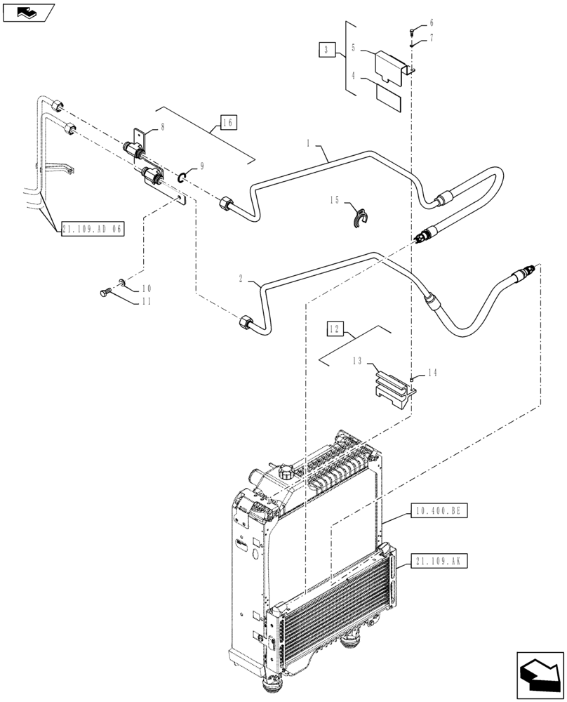 Схема запчастей Case IH MAXXUM 140 - (21.109.AD[05]) - STD + VAR - 338405, 339405, 743744 - TRANSMISSION 24X24 (40 KM/H) HI-LO - OIL COOLER PIPES (21) - TRANSMISSION