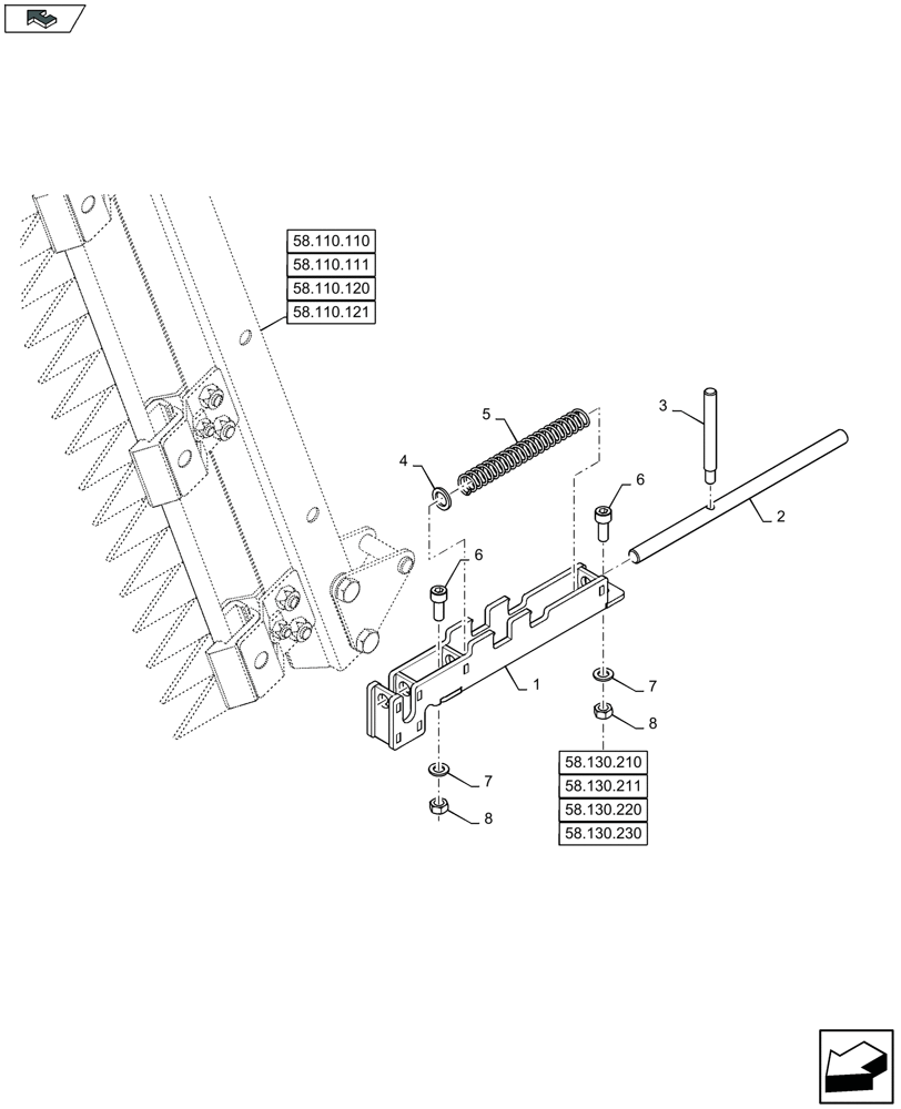 Схема запчастей Case IH 3050-35FT - (58.110.130) - VERTICAL KNIFE, LOCKING BAR - C955 (58) - ATTACHMENTS/HEADERS