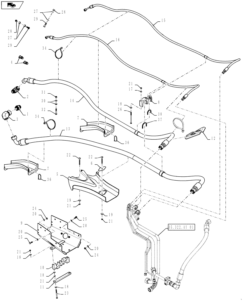 Схема запчастей Case IH STEIGER 500 - (35.322.AY[02]) - HYDRAULIC SYSTEM - HYDRAULIC REMOTES - STANDARD FLOW PLUMBING - REAR SECTION (35) - HYDRAULIC SYSTEMS