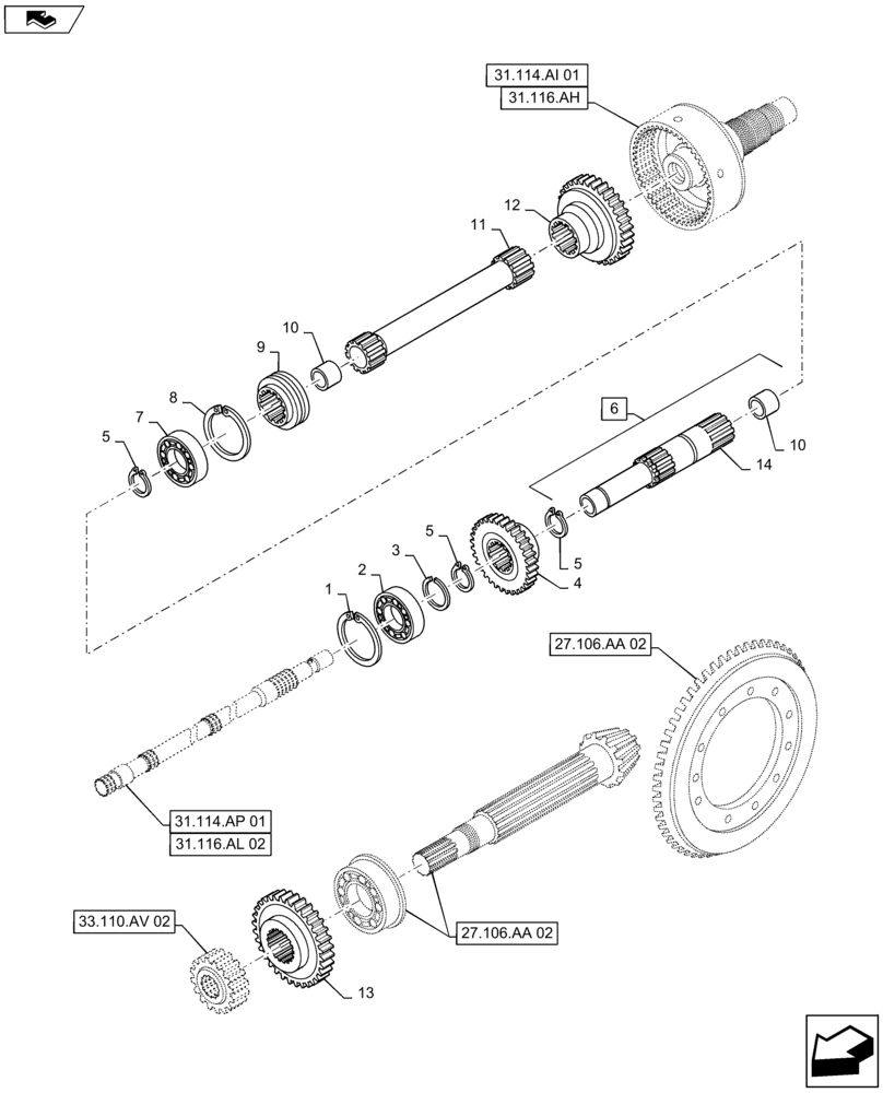 Схема запчастей Case IH MAXXUM 110 - (31.104.BA[02]) - VAR - 331802, 332802, 743679 - GROUND SPEED PTO - SHAFTS AND GEARS (31) - IMPLEMENT POWER TAKE OFF