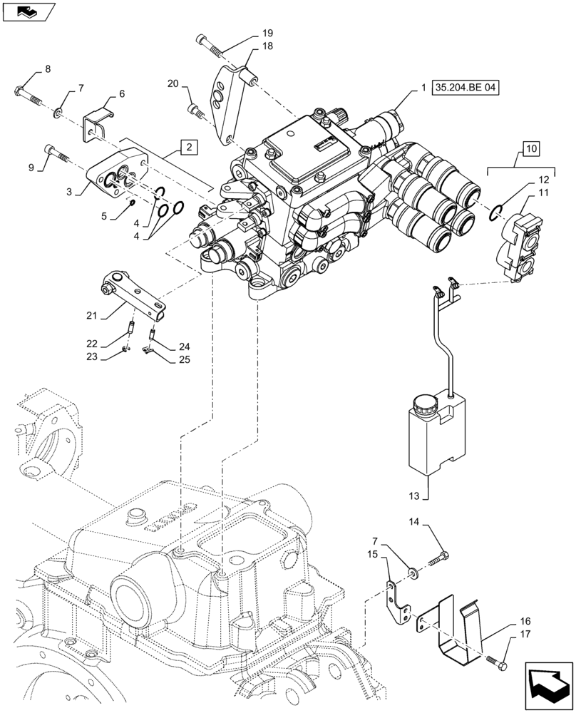 Схема запчастей Case IH MAXXUM 110 - (35.204.BE[03]) - VAR - 332851 - 2 MECHANICAL REAR REMOTE CONTROL VALVES (NON CONFIGURABLE) WITH PUMP 113 L/MIN CCLS - DISTRIBUTOR, COVER AND OIL COLLECTOR (35) - HYDRAULIC SYSTEMS
