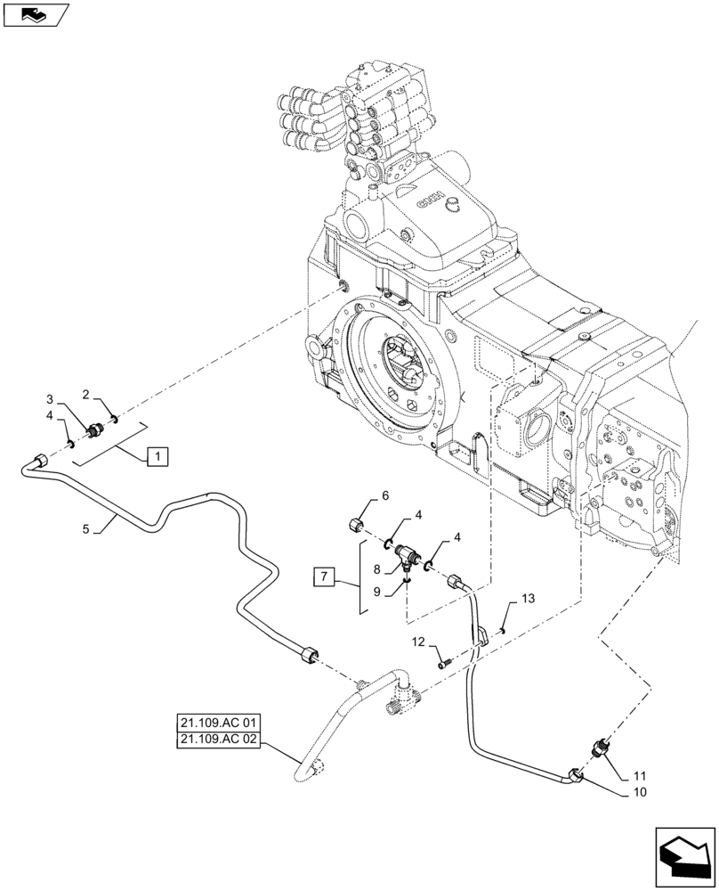 Схема запчастей Case IH MAXXUM 140 - (31.104.AW[02]) - VAR - 333836, 338835, 743744 - HYDRAULIC PUMP 113L/MIN CCLS - PTO LUBRICATION PIPES FOR 40E KM/H AND 50 KM/H (31) - IMPLEMENT POWER TAKE OFF