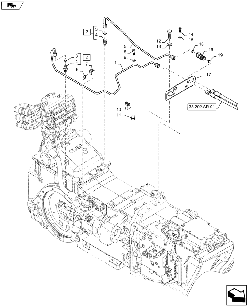 Схема запчастей Case IH MAXXUM 120 - (33.202.AP[02]) - VAR - 331145, 331146 + STD - REAR BRAKE PIPES (33) - BRAKES & CONTROLS