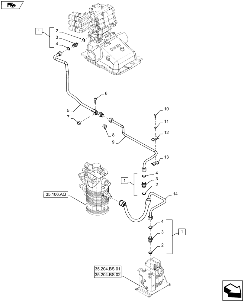 Схема запчастей Case IH MAXXUM 140 - (35.204.BJ[03]) - VAR - 330560, 333560, 743689, 330561, 333561, 743690 - ELECTRONIC MID MOUNTED VALVES - DELIVERY AND DISCHARGE PIPES (35) - HYDRAULIC SYSTEMS
