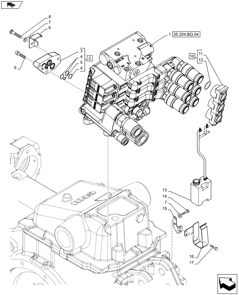Схема запчастей Case IH MAXXUM 115 - (35.204.BQ[03]) - 3 ELECTROHYDRAULIC REAR REMOTE CONTROL VALVES WITH "POWER BEYOND" WITH PUMP 113 L/MIN CCLS - DISTRIBUTOR, COVER AND OIL COLLECTOR (35) - HYDRAULIC SYSTEMS