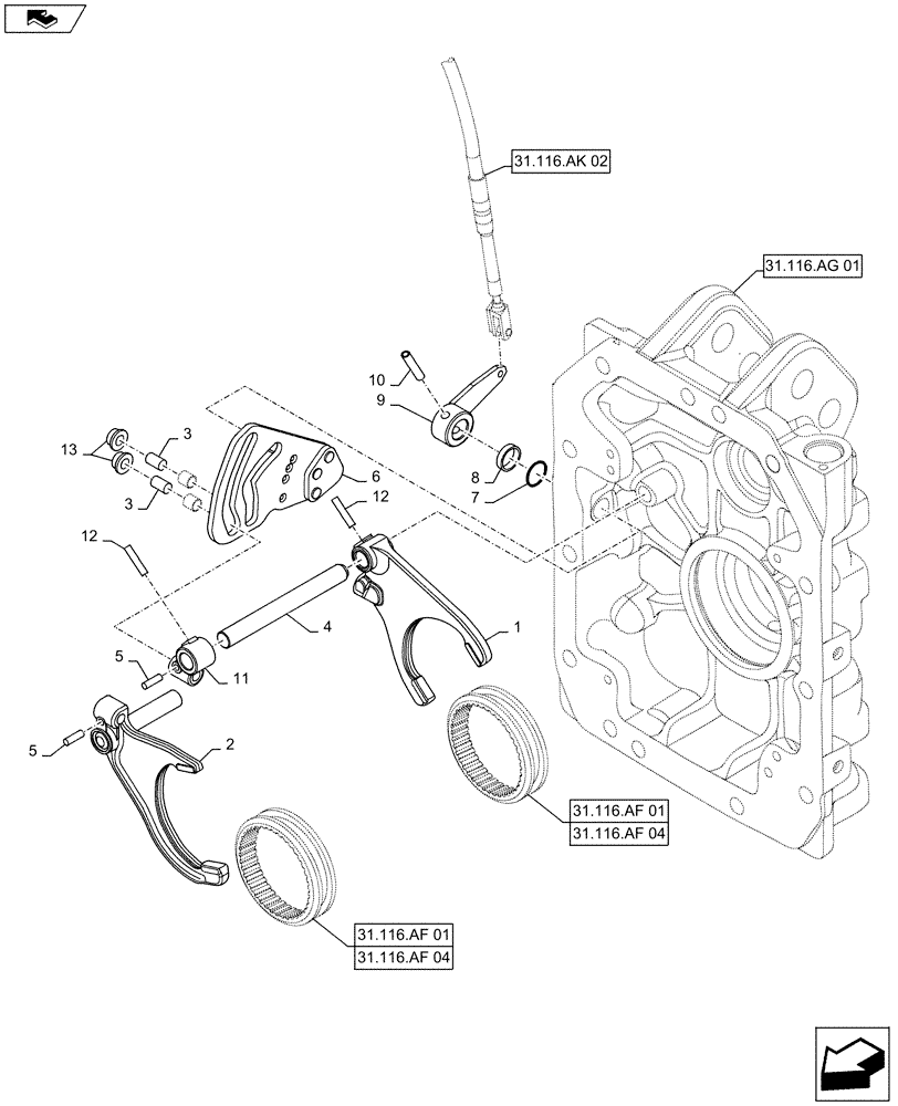 Схема запчастей Case IH MAXXUM 115 - (31.116.AK[04]) - VAR - 330801, 332805 + STD - 3 SPEED REAR PTO - SPEED SELECTION INTERNAL CONTROLS (31) - IMPLEMENT POWER TAKE OFF