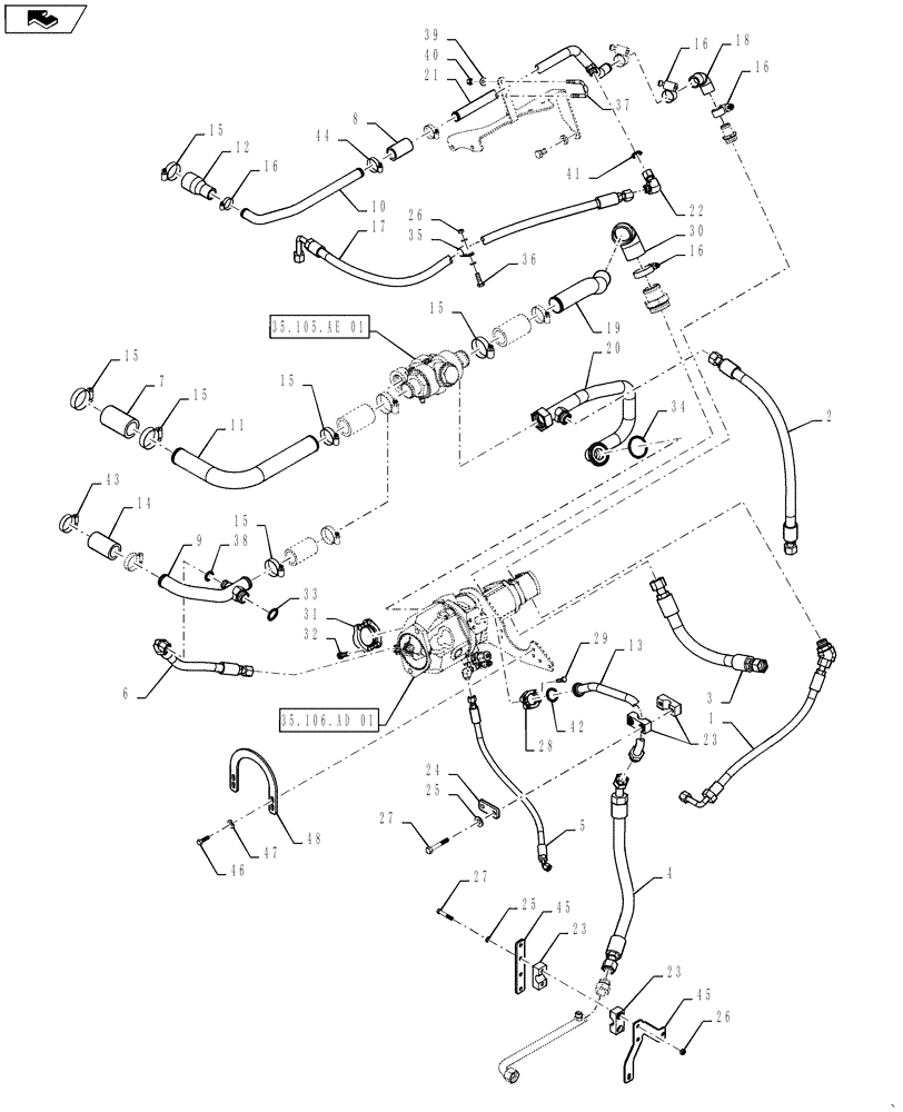 Схема запчастей Case IH STEIGER 450 - (35.116.AD[02]) - HYDRAULIC SYSTEM - STANDARD PUM P & HOSES - PS4 TRANSMISSION (35) - HYDRAULIC SYSTEMS