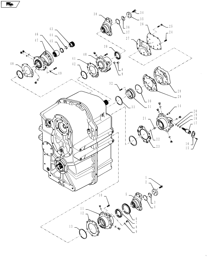 Схема запчастей Case IH STEIGER 500 - (21.113.AD[02]) - TRANSMISSION - POWER SHIFT - FRONT HOUSING YOKES AND RETAINERS, PS4, 8C AND 8.5C (21) - TRANSMISSION