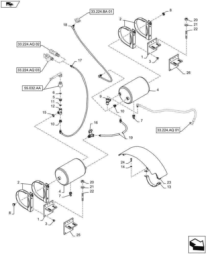 Схема запчастей Case IH MAXXUM 115 - (33.224.AF) - VAR - 332727, 332737 - PNEUMATIC TRAILER BRAKE - TANKS AND PIPES (33) - BRAKES & CONTROLS