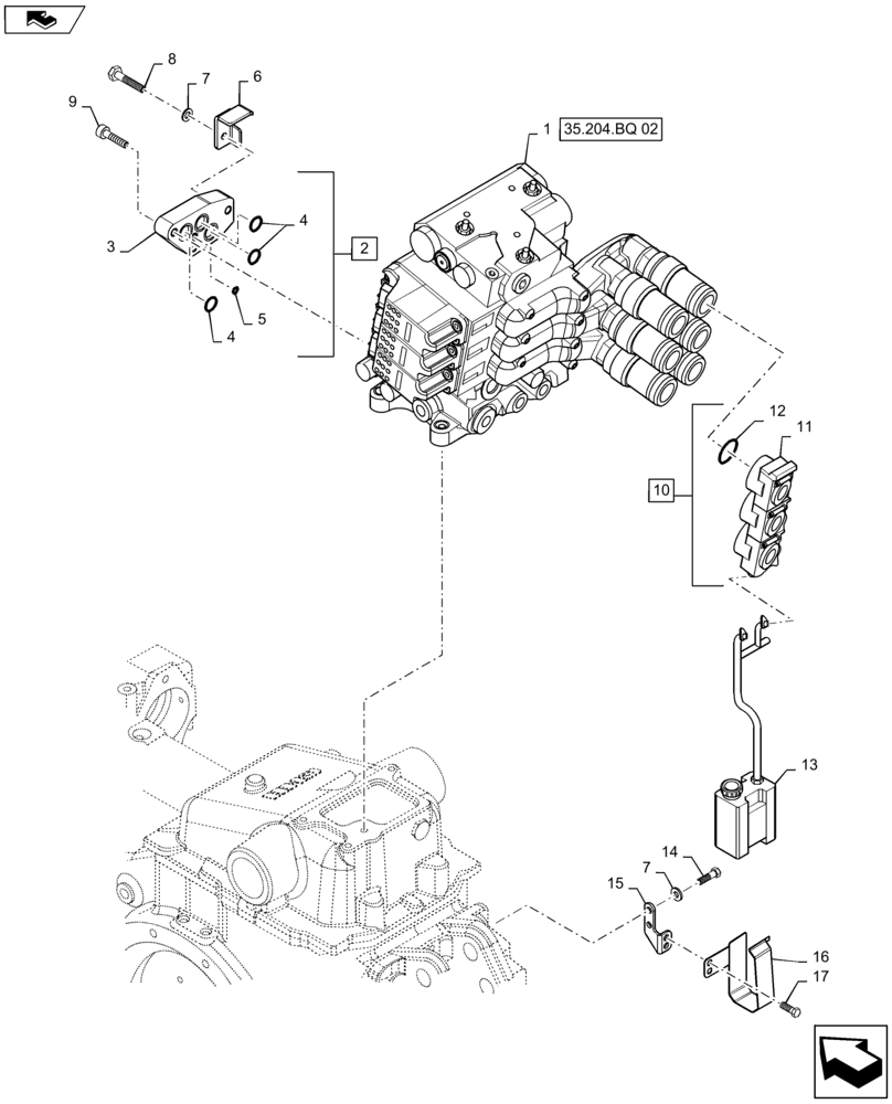 Схема запчастей Case IH MAXXUM 115 - (35.204.BQ[01]) - 3 ELECTROHYDRAULIC REAR REMOTE CONTROL VALVES WITH PUMP 113 L/MIN CCLS - DISTRIBUTOR, COVER AND OIL COLLECTOR (35) - HYDRAULIC SYSTEMS