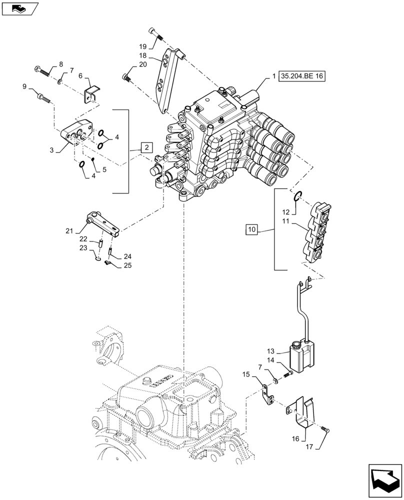 Схема запчастей Case IH MAXXUM 110 - (35.204.BE[15]) - VAR - 331845, 743685 - 4 MECHANICAL REAR REMOTE CONTROL VALVES ( 2 NON CONFIGURABLE ) WITH PUMP 80 L/MIN FD - DISTRIBUTOR, COVER AND OIL COLLECTOR (35) - HYDRAULIC SYSTEMS