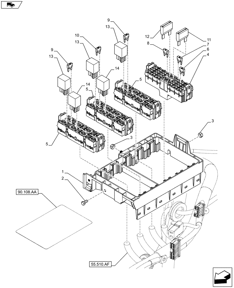 Схема запчастей Case IH FARMALL 95C - (55.100.DO[01]) - VAR - 390754, 334435, 334436, 335754 - FUSE BOX, FUSE HOLDER, RELAY, W/ CAB (55) - ELECTRICAL SYSTEMS