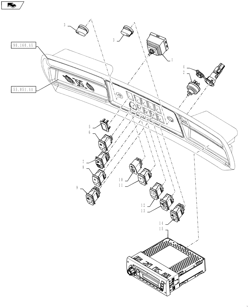 Схема запчастей Case IH STEIGER 400 - (55.510.AF[02]) - CAB - RIGHT OVERHEAD CONSOLE, SWITCHES AND RADIO (55) - ELECTRICAL SYSTEMS