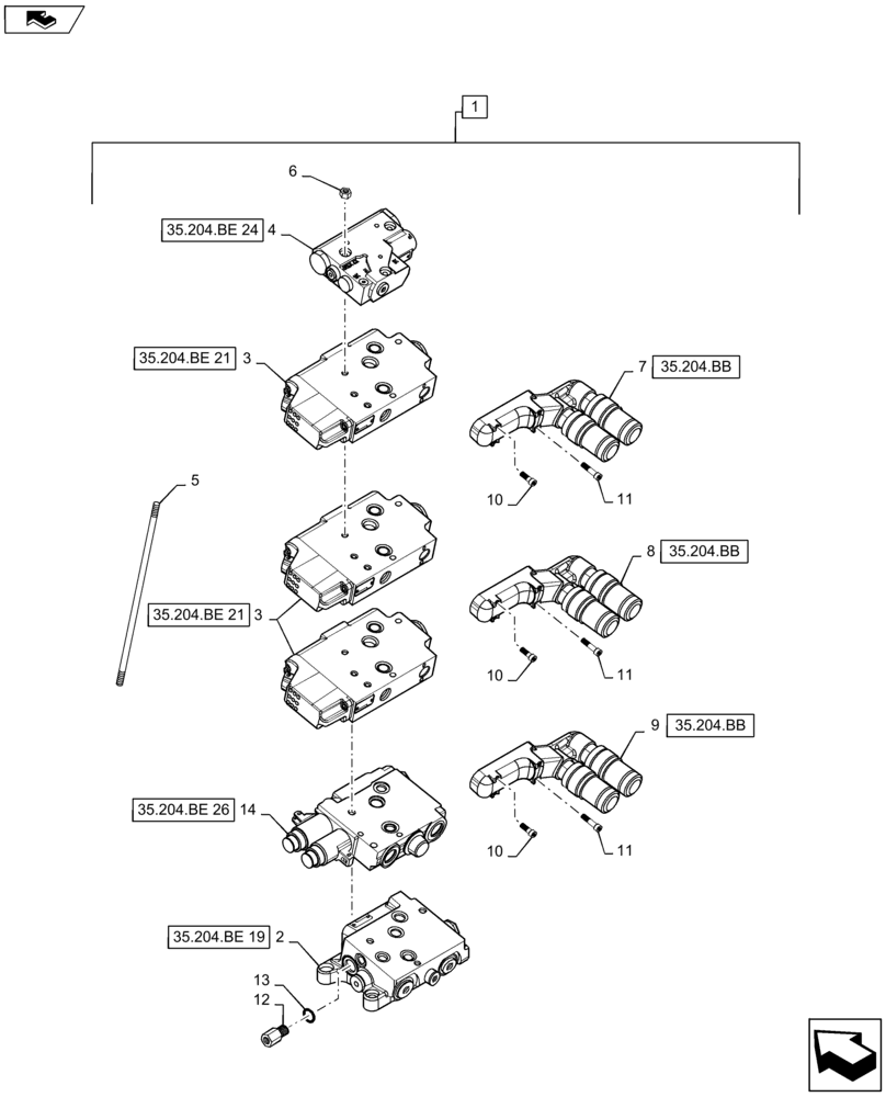 Схема запчастей Case IH MAXXUM 140 - (35.204.BQ[02]) - 3 ELECTROHYDRAULIC REAR REMOTE CONTROL VALVES WITH PUMP 113 L/MIN CCLS - DISTRIBUTOR - BREAKDOWN (35) - HYDRAULIC SYSTEMS