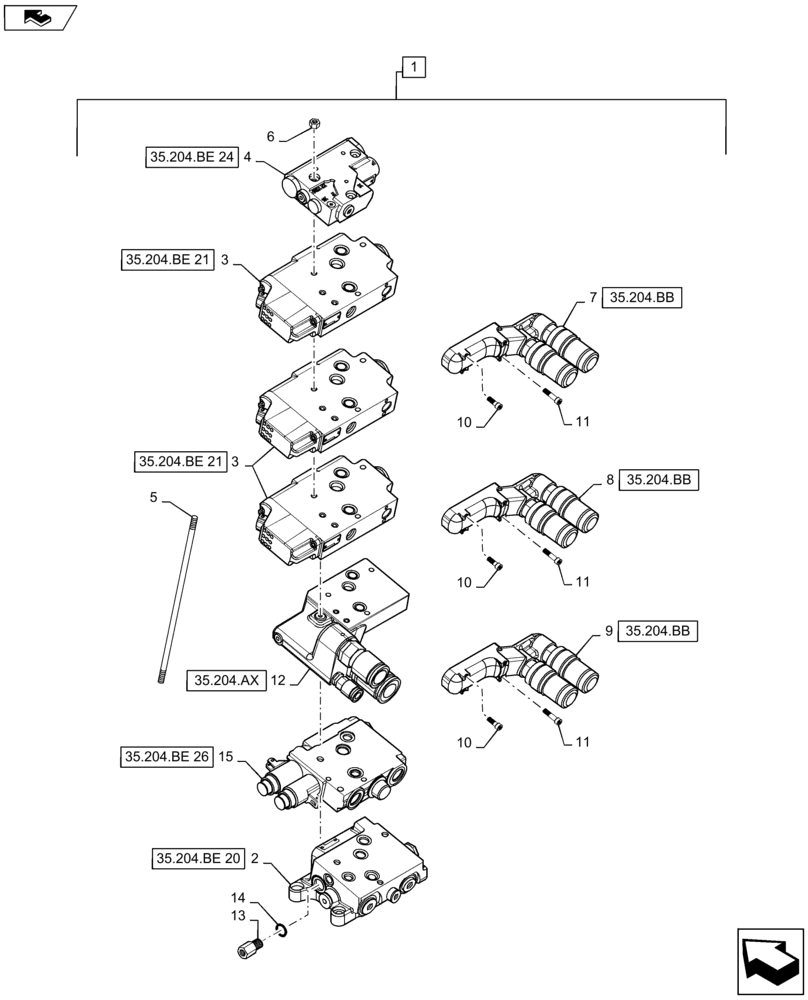 Схема запчастей Case IH MAXXUM 115 - (35.204.BQ[04]) - 3 ELECTROHYDRAULIC REAR REMOTE CONTROL VALVES WITH "POWER BEYOND" WITH PUMP 113 L/MIN CCLS - DISTRIBUTOR - BREAKDOWN (35) - HYDRAULIC SYSTEMS