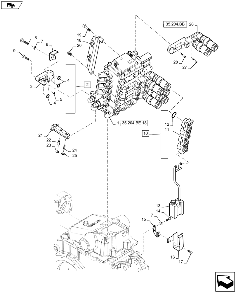 Схема запчастей Case IH MAXXUM 110 - (35.204.BE[17]) - VAR - 333845, 334845, 743685 - 4 MECHANICAL REAR REMOTE CONTROL VALVES ( 2 NON CONFIGURABLE ) WITH PUMP 113 L/MIN CCLS - DISTRIBUTOR, COVER AND OIL COLLECTOR (35) - HYDRAULIC SYSTEMS